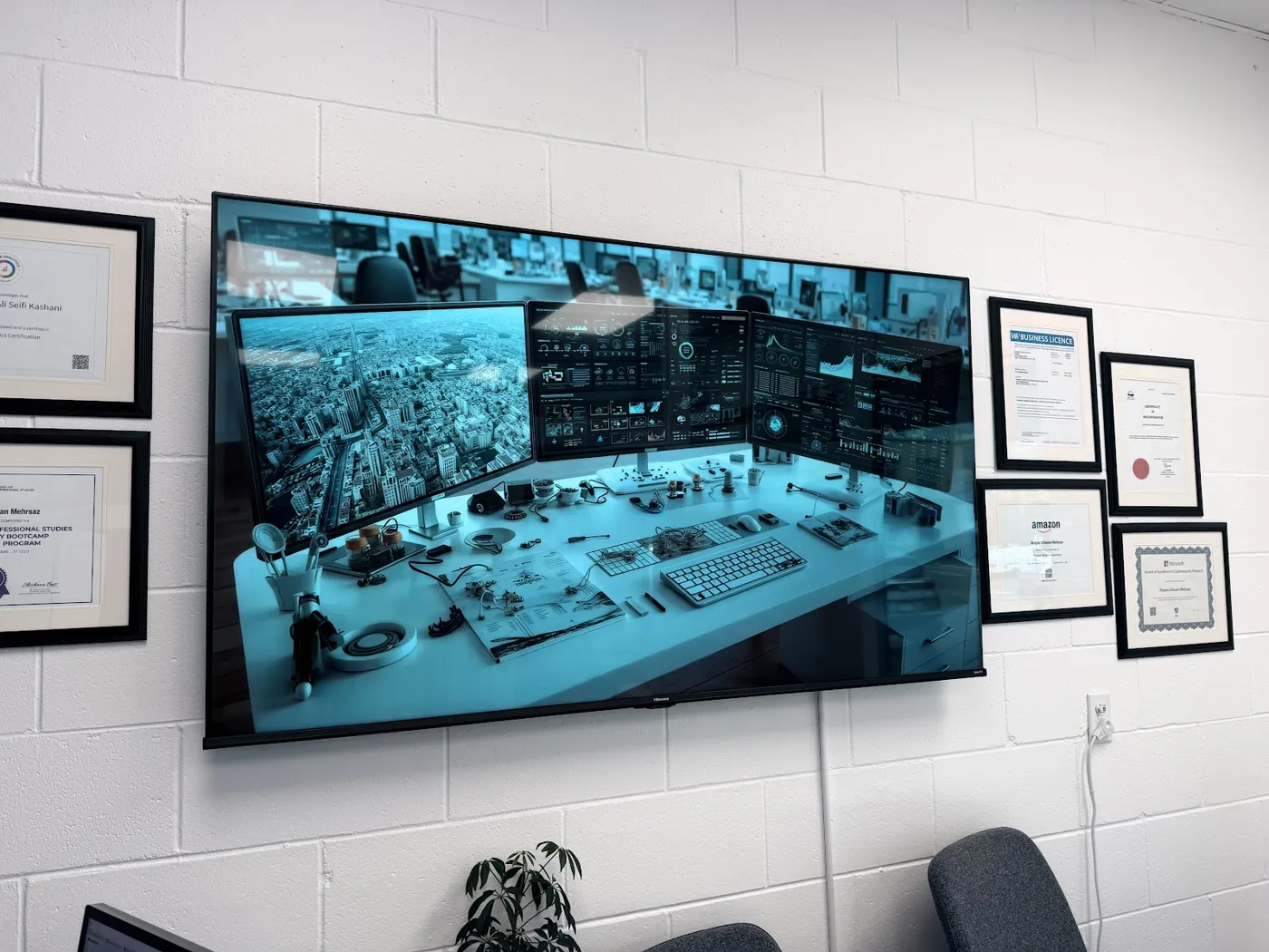 PiTech operations screen and framed certifications at the Marine Drive office